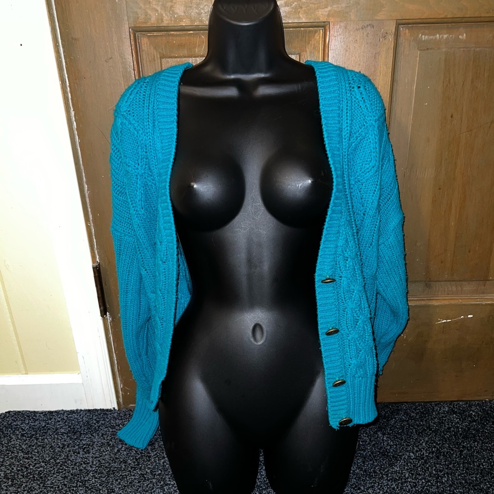 ⭐️Vintage Patsys Place Blue Green Acrylic Long Sleeve Button Up Cardigan Size L - Picture 6 of 10